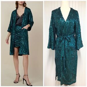 SKIES ARE BLUE Teal Sequin Belted Duster Cardigan Kimono Wrap Size XS/S New